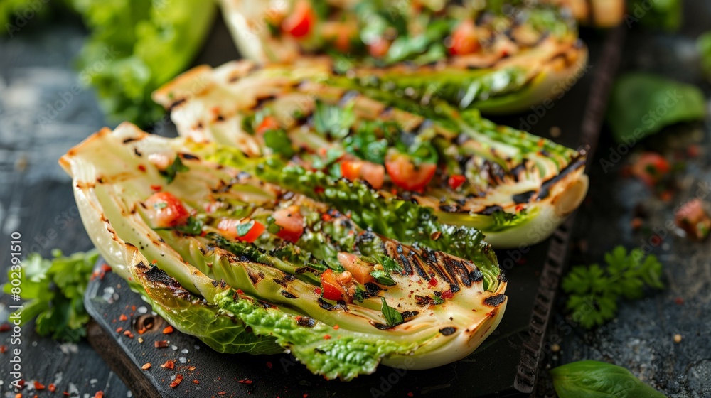 Grilled romaine salad, grilled cabbage on wooden board, plate cooked rustic slice pepper Grilled romaine salad, grilled cabbage on wooden board, plate cooked rustic slice pepper