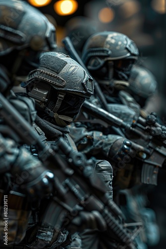 A close up of a group of soldiers holding guns. Suitable for military or security concepts
