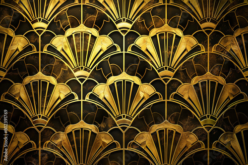 A sophisticated background with an Art Deco inspired pattern in gold and black, perfect for an elegant and vintage feel.