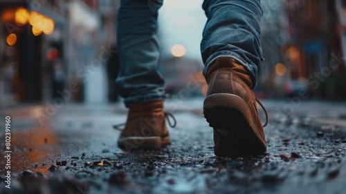 A close up of a person walking on a wet street. Suitable for urban lifestyle concepts