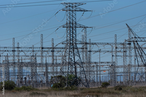 Hopefield, Western Cape, South Africa. 16. 04. 2024. Electrical power lines supplying electrcity for the national grid in S Africa.