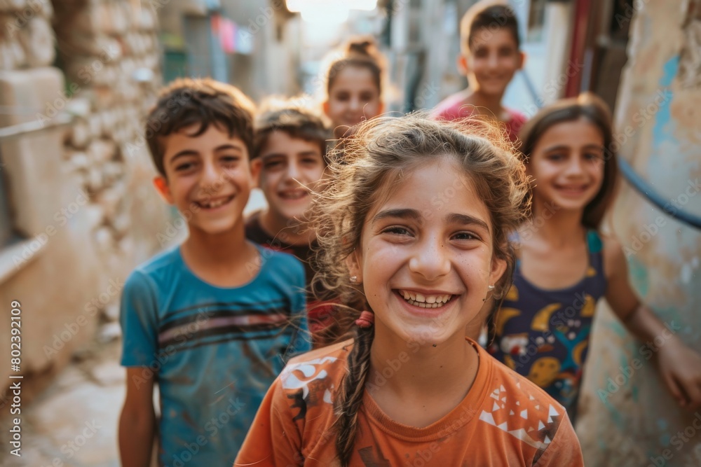 Group of happy kids having fun in the streets of the old city Group of happy kids having fun in the streets of the old city