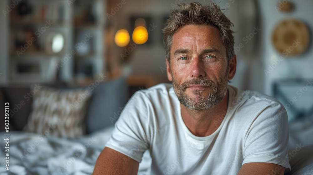 Fototapeta premium Mature man with a slight beard relaxing at home in a stylish bedroom. Perfect for themes related to lifestyle, mature adults living well, or modern masculinity.