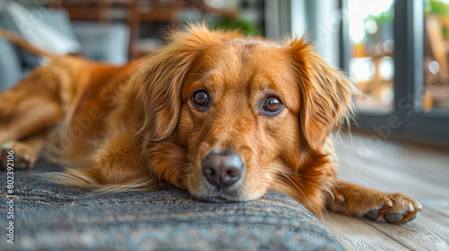 A charming golden retriever lying on a textured rug, with a clear view of his expressive eyes and rich, shiny fur.