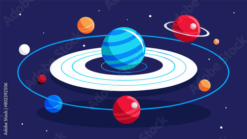 A miniature solar system model uses red white and blue planets to teach children about the scientific principles behind the orbits of celestial. Vector illustration