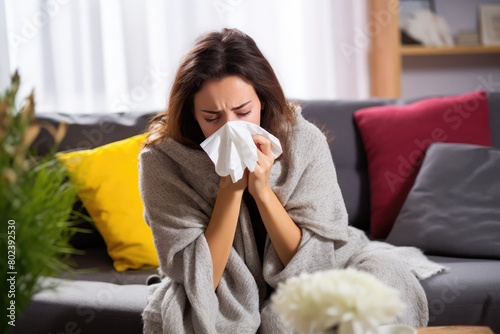 Sick Woman Sneezing, Female Coughs to Tissue, Allergy at Home, Cold or Flu Concept, Hay Fever