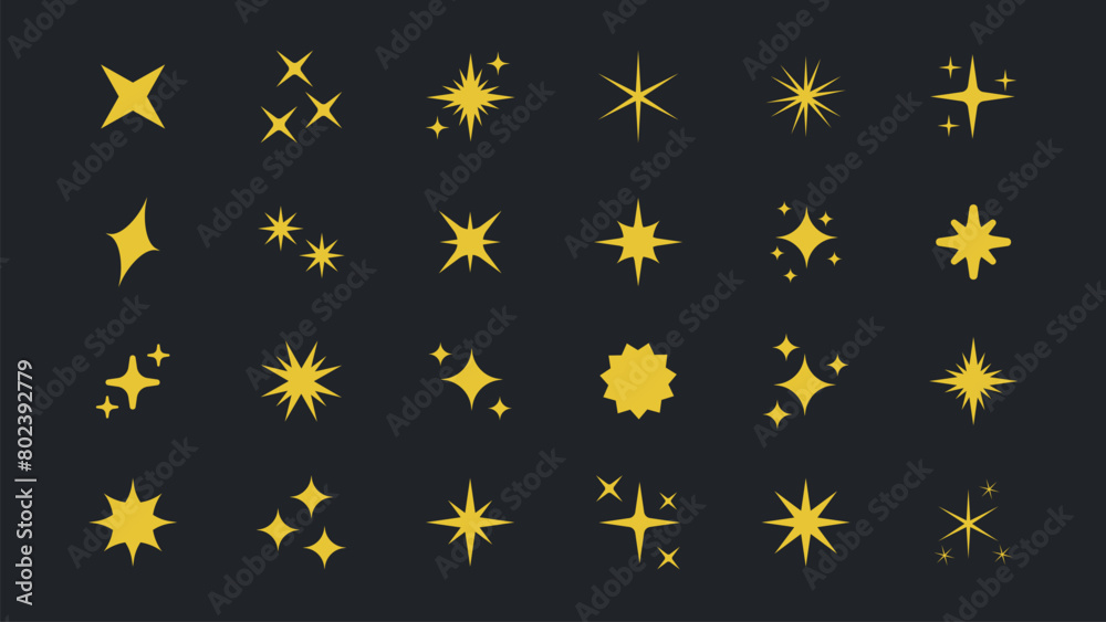 Retro futuristic bright vector yellow icons collection. Set of original star sparkle shapes. Abstract shine effect vector sign. Glowing light effect, twinkle templates stars and bursts, shiny flash. Retro futuristic bright vector yellow icons collection. Set of original star sparkle shapes. Abstract shine effect vector sign. Glowing light effect, twinkle templates stars and bursts, shiny flash.