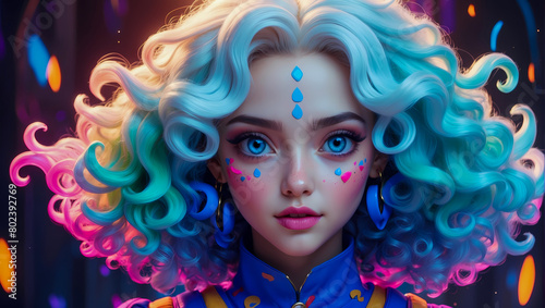 Colorful vivid portrait of a beautiful glowing woman with wavy hair wearing vibrant jester clothes © The A.I Studio