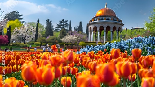 Emirgan Park hosts annual Tulip Festival attracting tourists to Istanbul Turkey. Concept Travel, Tourism, Tulip Festival, Istanbul, Emirgan Park photo