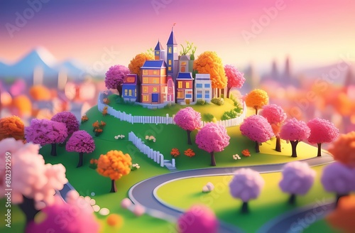 A miniature of a small town with colorful trees and a beautiful park. Tilt-shift effect