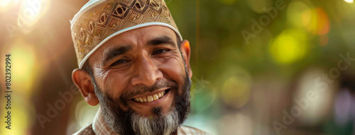 Face, smile and mature muslim man with prayer cap for worship and belief to God and Allah outdoor in nature. Happy, senior and male person in banner for praise at Eid and islamic spiritual freedom photo