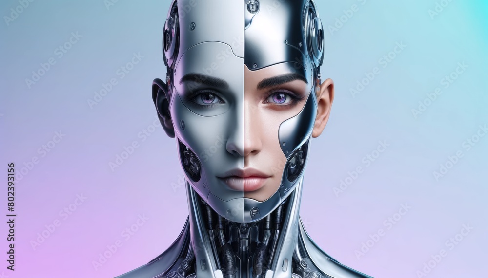 A woman's face is split into two, one side is silver and the other is gold. The woman's face is a representation of the idea of duality and the contrast between the two sides A woman's face is split into two, one side is silver and the other is gold. The woman's face is a representation of the idea of duality and the contrast between the two sides