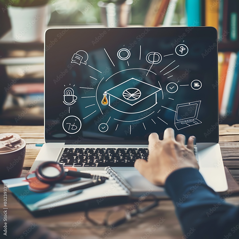 A person working on their laptop with icons representing online education and digital learning tools around the screen, symbolizing virtual education in action A person working on their laptop with icons representing online education and digital learning tools around the screen, symbolizing virtual education in action