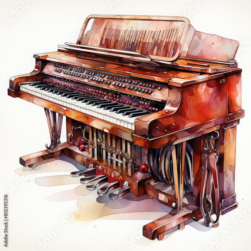 Watercolor Hammond B3 Organ Illustration, Generative Ai photo