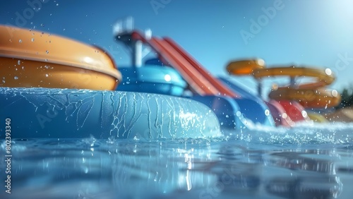 Deserted water park with colorful slides under clear blue sky. Concept Deserted Water Park, Colorful Slides, Clear Blue Sky, Abandoned Attractions