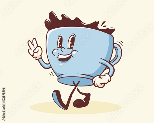 Groovy Coffee Mug Retro Character. Cartoon Food Paper Cup Walking and Smiling. Vector Fast Food Beverage Mascot Template. Happy Vintage Cool Illustration Isolated (ID: 802393506)