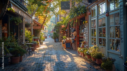 A sun-drenched cobblestone alley lined with charming boutique storefronts, each with unique window displays showcasing their latest collections. 