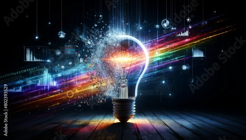 A glass bulb exploding in a dim room, transitioning from traditional to digital. The light bulb is surrounded by a rainbow of colors and shapes, creating a sense of energy and creativity photo