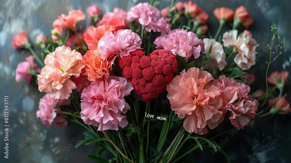 Vibrant pink and orange flower bouquet with a red heart centerpiece