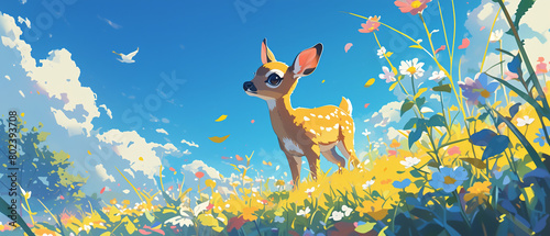A deer fawn exploring a flower garden in a summer time
