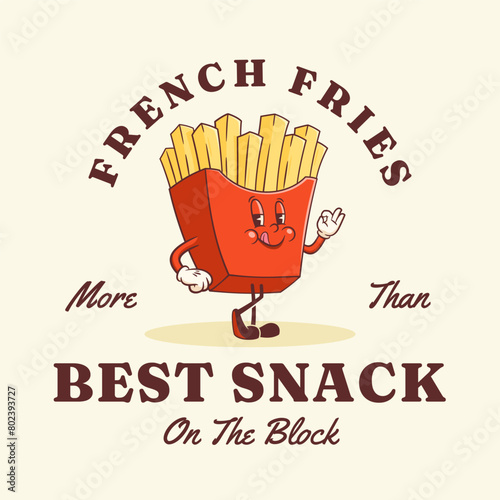 Groovy French Fries Retro Character Label. Cartoon Food Fry Box Package Walking and Smiling. Vector Fastfood Mascot Sign Template. Happy Vintage Cool Personage Illustration Isolated (ID: 802393727)