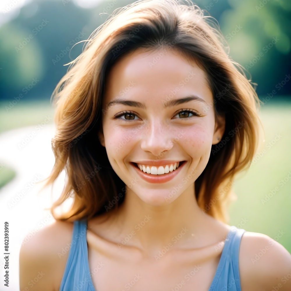 Smiling happy woman portrait. Outdoor beautiful face female. 
