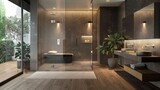 A modern bathroom featuring a spacious walk-in shower enclosed by transparent glass doors, highlighting a neat, functional layout