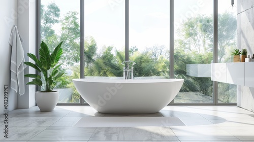 A modern bathroom featuring a sleek, white freestanding bathtub set against a backdrop of large windows and natural light, offering a spa-like atmosphere © JP STUDIO LAB
