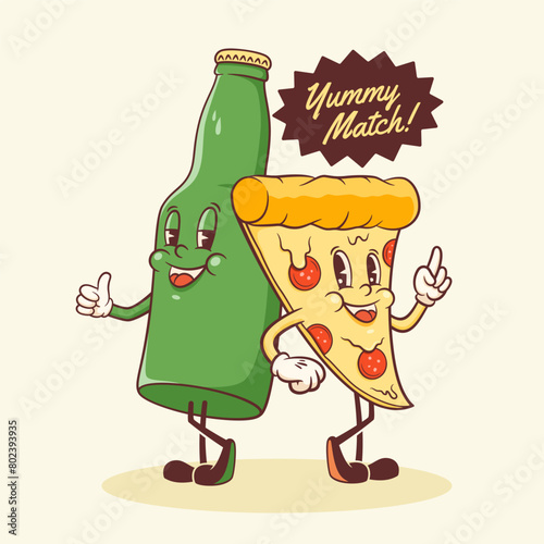 Groovy Pizza and Beer Retro Characters Label. Cartoon Slice and Bottle Walking Smiling Vector Food Mascot Template. Happy Vintage Cool Fast Food Illustration with Typography Isolated (ID: 802393935)