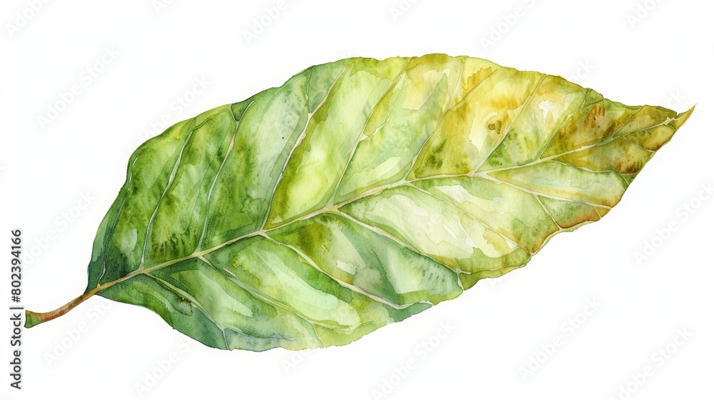 Artistic depiction of an isolated leaf, rendered in watercolor with meticulous attention to detail and color shading, set against a pure white backdrop Artistic depiction of an isolated leaf, rendered in watercolor with meticulous attention to detail and color shading, set against a pure white backdrop