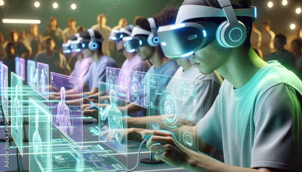 Players in a high-tech VR competition, hyper-realistic visualization. Players equipped with advanced VR setups, surrounded by hologram Players in a high-tech VR competition, hyper-realistic visualization. Players equipped with advanced VR setups, surrounded by hologram