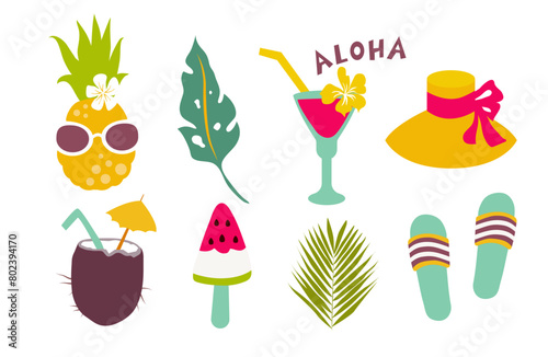 Summer beach set. Cocktails  leaves  fruits  clothes. Vector illustration in flat style