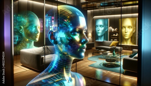 Close-up of a holographic self-portrait in a futuristic living space. The holograms show different facets. The room is decorated with paintings and a vase. Scene is futuristic and modern