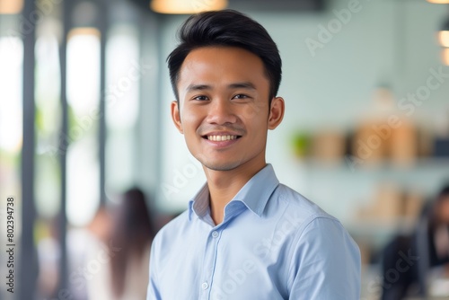 Cheerful Southeast Asian Professional in Modern Office Setting