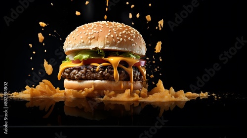 Delicious Burger with Cheese on Black Background