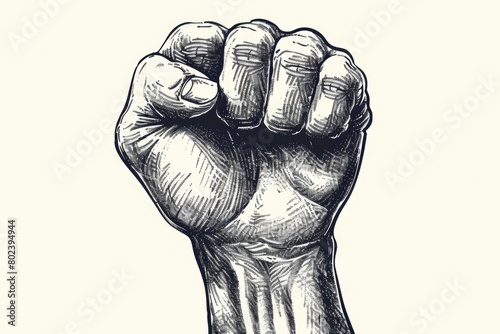 A powerful fist in the air, symbolizing strength and unity. Ideal for activism and protest concepts
