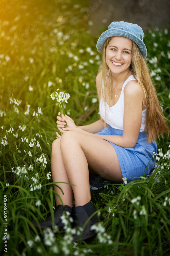 Girl, portrait and style in field of flowers, travel and spring or grass for casual fashion in garden. Female person, relax and countryside holiday or vacation, aesthetic and clothes in nature meadow Girl, portrait and style in field of flowers, travel and spring or grass for casual fashion in garden. Female person, relax and countryside holiday or vacation, aesthetic and clothes in nature meadow