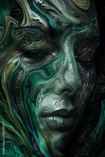 Swirling Female Portrait in Green and Gold