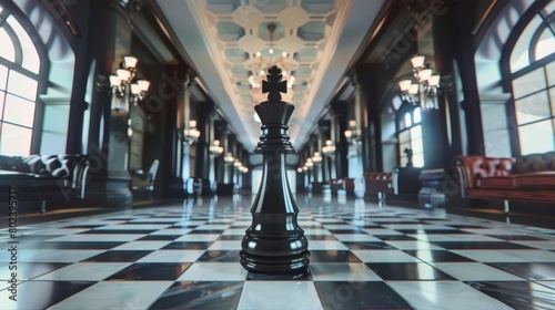 Black chess king standing alone in the center of a large empty hall with a chessboard floor.