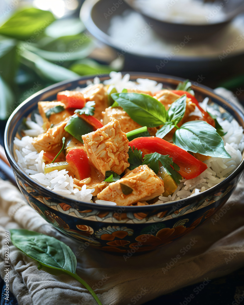 Thai curry bowl: a fragrant bowl of coconut milk-based curry with tender chicken or tofu, bell peppers, bamboo shoots, and Thai basil, served over a bed of steamed jasmine rice Thai curry bowl: a fragrant bowl of coconut milk-based curry with tender chicken or tofu, bell peppers, bamboo shoots, and Thai basil, served over a bed of steamed jasmine rice