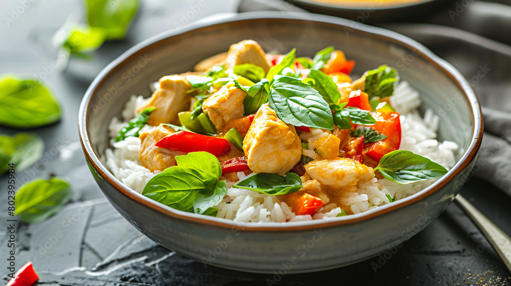 Thai curry bowl: a fragrant bowl of coconut milk-based curry with tender chicken or tofu, bell peppers, bamboo shoots, and Thai basil, served over a bed of steamed jasmine rice 