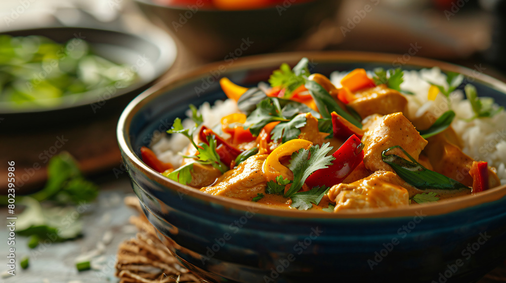 Thai curry bowl: a fragrant bowl of coconut milk-based curry with tender chicken or tofu, bell peppers, bamboo shoots, and Thai basil, served over a bed of steamed jasmine rice Thai curry bowl: a fragrant bowl of coconut milk-based curry with tender chicken or tofu, bell peppers, bamboo shoots, and Thai basil, served over a bed of steamed jasmine rice