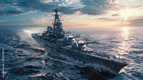A powerful battleship sailing on the open sea. Perfect for military or nautical themed designs