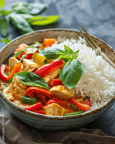 Thai curry bowl  a fragrant bowl of coconut milk-based curry with tender chicken or tofu  bell peppers  bamboo shoots  and Thai basil  served over a bed of steamed jasmine rice 