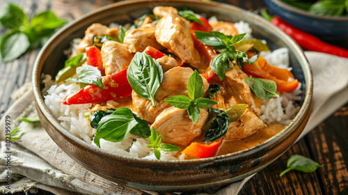 Thai curry bowl: a fragrant bowl of coconut milk-based curry with tender chicken or tofu, bell peppers, bamboo shoots, and Thai basil, served over a bed of steamed jasmine rice 