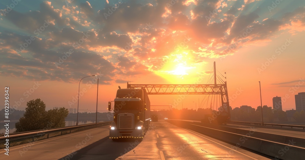 Truck Transporting Goods Across European Sunset Truck Transporting Goods Across European Sunset