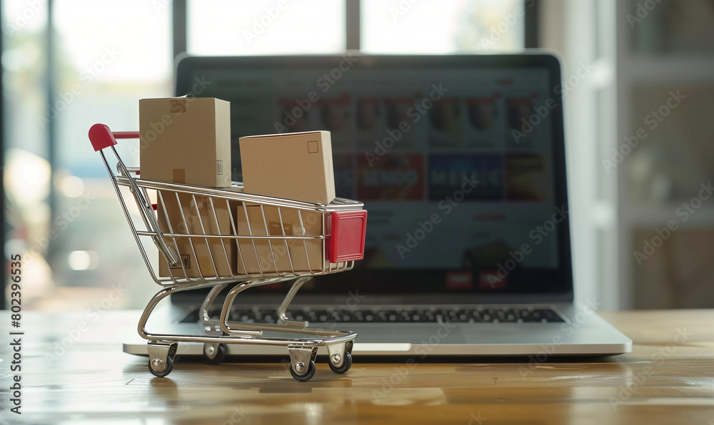 An image of online shopping with a virtual cart full of packages on a laptop screen, illustrating the ease and speed of shopping online.