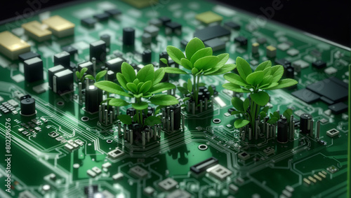 A circuit board with green plants growing on it.
