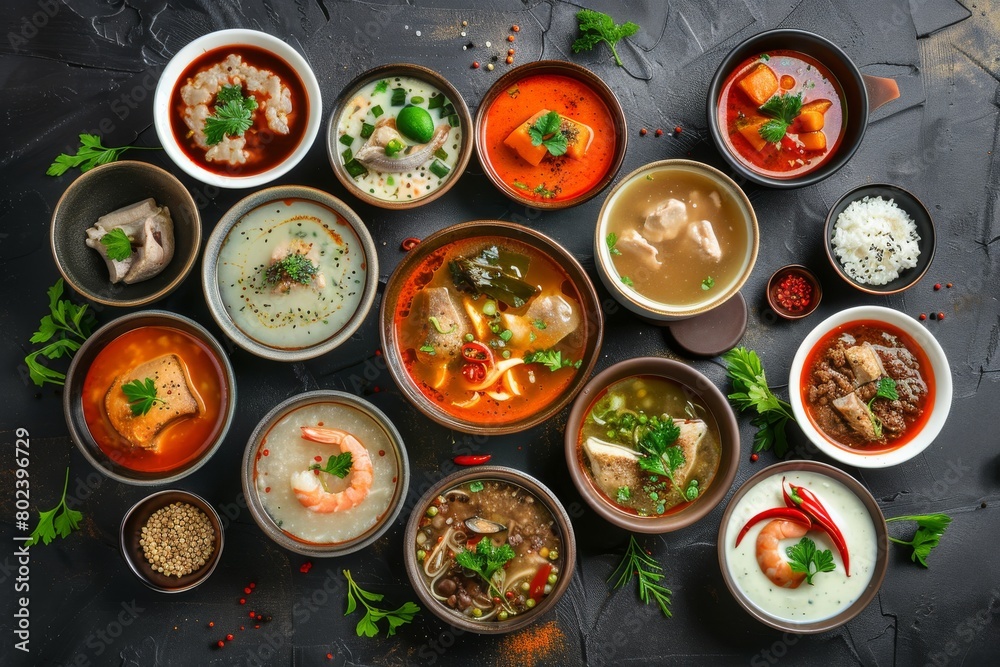 Asian Soups Set with Kespe Soup, Kullama or Beshbarmak, Fish Soup Bouillabaisse Asian Soups Set with Kespe Soup, Kullama or Beshbarmak, Fish Soup Bouillabaisse