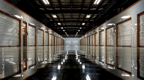 Corridor of self storage units with distinctive yellow doors for rental storage facilities photo